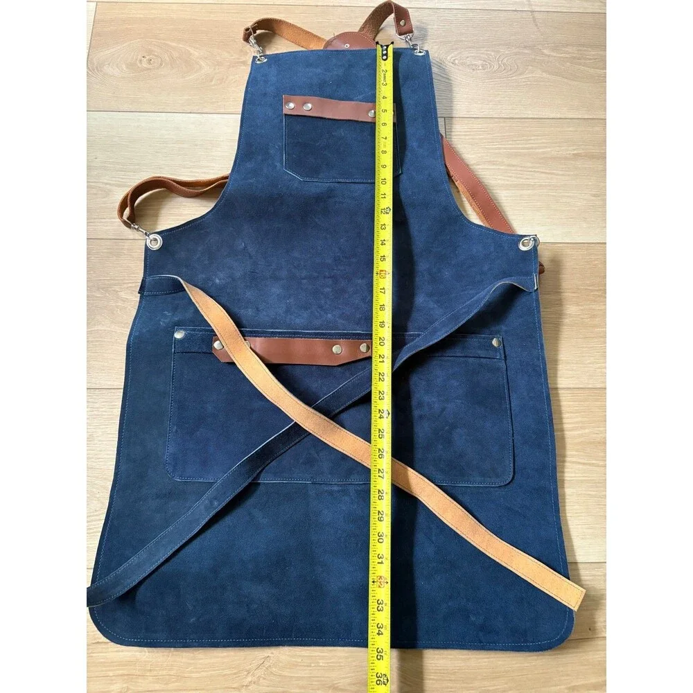 Blue Suede Leather Apron Adjustable Crossback Straps Chef Grilling Workshop